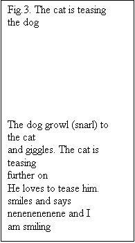 Tekstboks: Fig.3. The cat is teasing the dog







The dog growl (snarl) to the cat
and giggles. The cat is teasing
further on
He loves to tease him.
smiles and says
nenenenenene and I
am smiling

