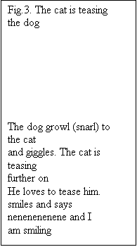 Tekstboks: Fig.3. The cat is teasing the dog







The dog growl (snarl) to the cat
and giggles. The cat is teasing
further on
He loves to tease him.
smiles and says
nenenenenene and I
am smiling

